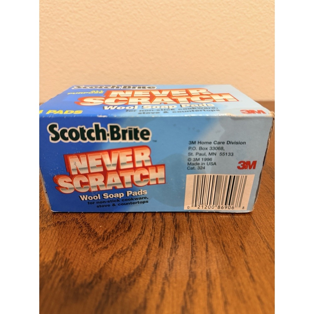 Scotch-Brite Never Scratch Wool Soap Pads By 3M 1996, 4 Pads, One Box, Vintage - Picture 5 of 5